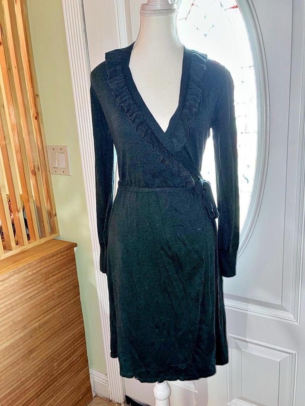 Merona Black Long-Sleeve Wrap Dress with Ruffle Trim